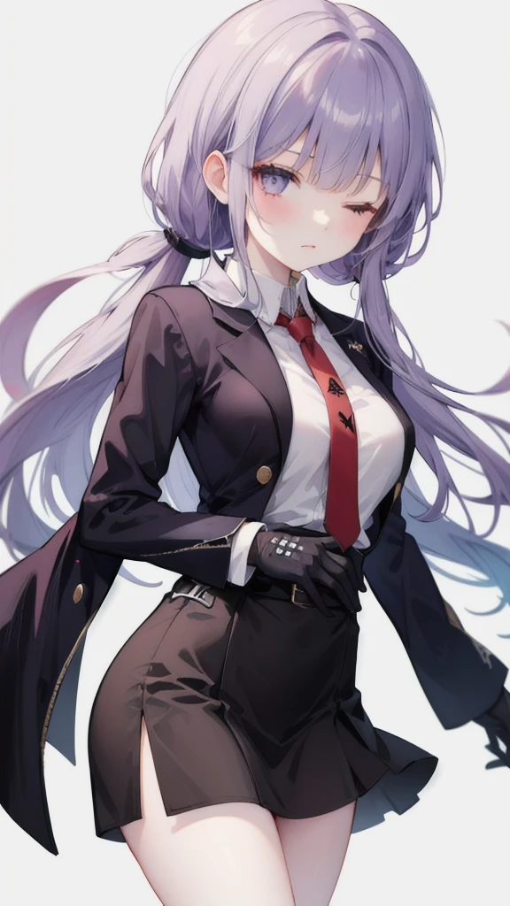  Kyoko Kirigi stands alone against a simple white background 。 Her long purple hair is tied in a ponytail ， with braids on the sides 。 she wears a collared dress shirt 、 black gloves and miniskirt 。 Her medium sized breasts stand out under the tight fabric。 her eyes are closed ，Her mouth is also closed 。A black belt is tied around the waist， She is holding a black jacket that has been taken off in one hand ，The arm is slightly raised， like reaching for something 。