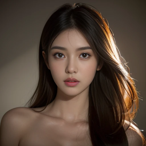 Highest quality, masterpiece, Ultra-high resolution, (Realistic:1.4), RAW Photos, 19 years old, Simple gray background, ((naked、Upper Body、Lean forward、Disheveled Hair)), Looking at the audience