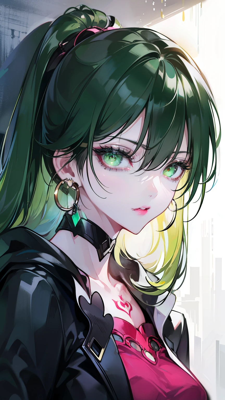 hair above one eye, red eyes, clear eyes, choker, open jacket, towards the wall,Shining grafiti, Shining tattoos, shine, neon light, Black light,anime style, 1 female, 22 years ago, green eyes background, anger, (green colored hair), long hair, green eyes, wearing a black dress, (natural skin texture vivid details, Surreal, (realistic detailed eyes, natural skin texture, realistic facial details), soft and dramatic lighting, Depth of written boundary, bokeh, vivid details, Surreal, 35mm movie, hazy blur, movie,lipstick, ear piercing, eye shadow, hoop earrings, Red-pink lips, multicolored green eyes, green theme,Wear an iridescent aura,beautiful eyes,stand in front of the red gate、((dynamic angle, fully clothed, detailed face, detailed eyes, masterpiece))、decide on a pose,upper ponytail,Hanging bangs, (solo), (1 woman)