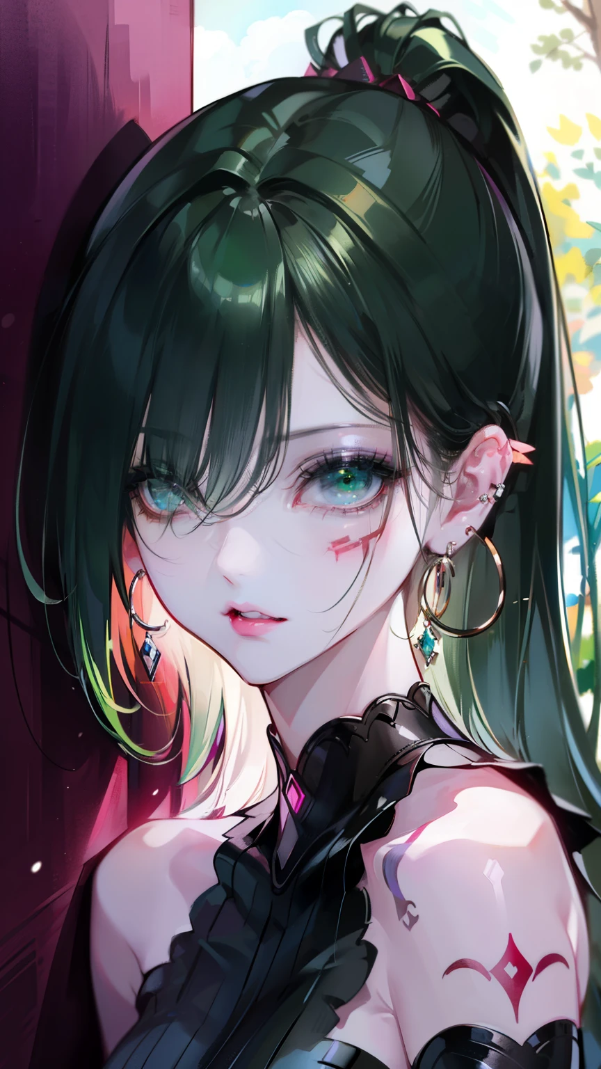 hair above one eye, red eyes, clear eyes, choker, open jacket, towards the wall,Shining grafiti, Shining tattoos, shine, neon light, Black light,anime style, 1 female, 22 years ago, green eyes background, anger, (green colored hair), long hair, green eyes, wearing a black dress, (natural skin texture vivid details, Surreal, (realistic detailed eyes, natural skin texture, realistic facial details), soft and dramatic lighting, Depth of written boundary, bokeh, vivid details, Surreal, 35mm movie, hazy blur, movie,lipstick, ear piercing, eye shadow, hoop earrings, Red-pink lips, multicolored green eyes, green theme,Wear an iridescent aura,beautiful eyes,stand in front of the red gate、((dynamic angle, fully clothed, detailed face, detailed eyes, masterpiece))、decide on a pose,upper ponytail,Hanging bangs, (solo), (1 woman)