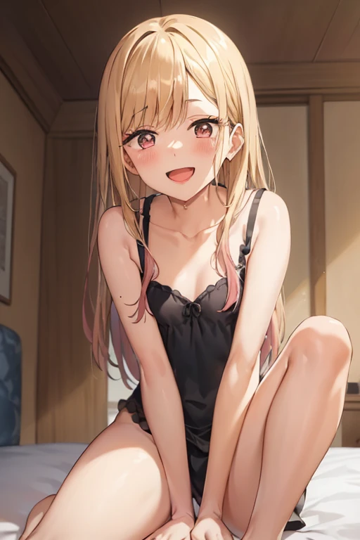 ((Best Quality)), ((masterpiece)), (be familiar with),  perfect face, indoor, bedroom,  watching viewers,
One woman,  Kitakawa Kaiumi,
 characters with open mouth ,  ecstatic expression , blush, smile,
Small breasts,  flat chest, , ,  s, Girl,
Long Hair,  long hair ,
Leg spread,