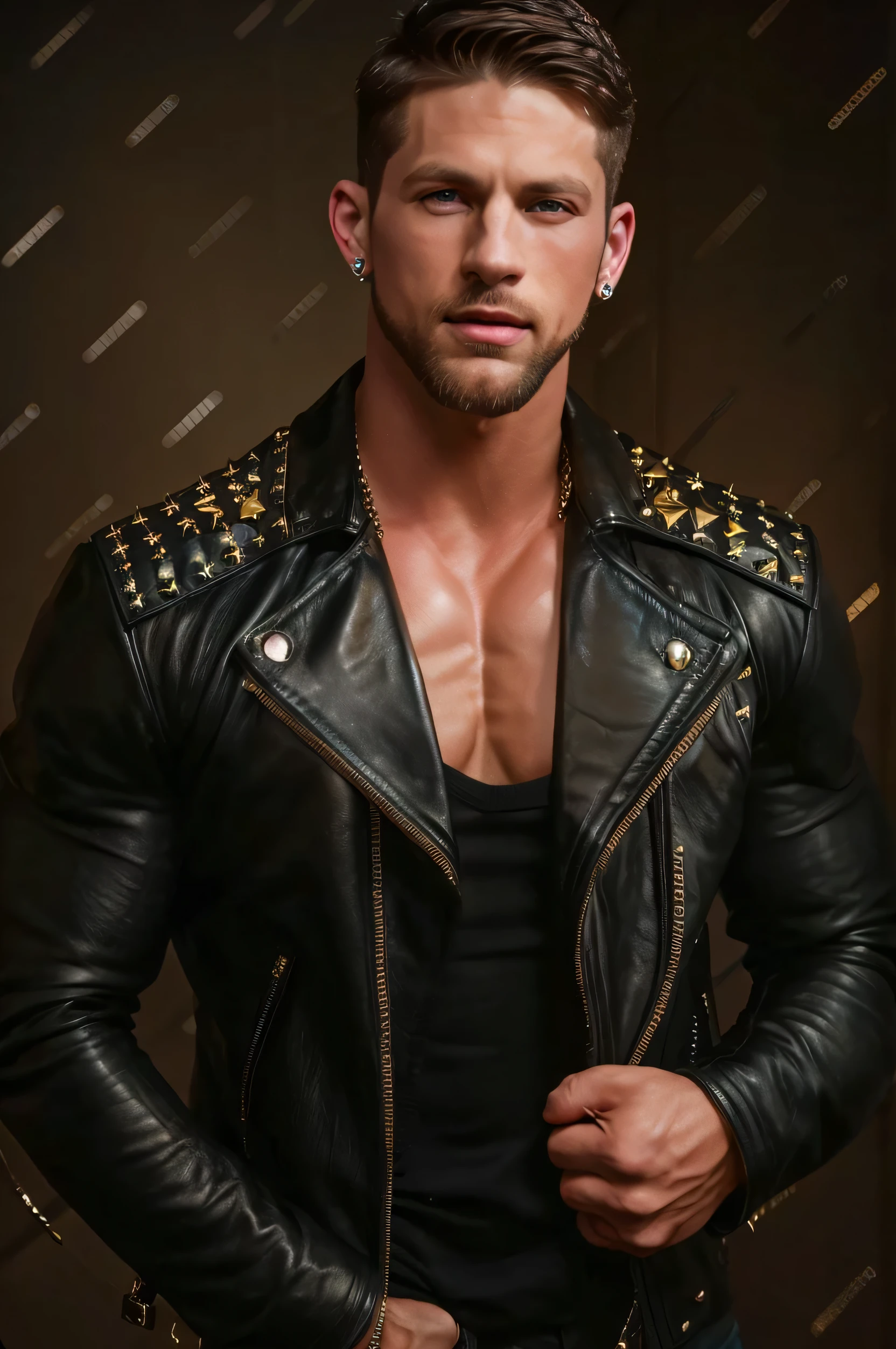 Roman Todd, muscular man with facial hair, diamond earrings, wearing shiny studded leather, jewelry, highly detailed, photorealistic, 8K, HDR, 