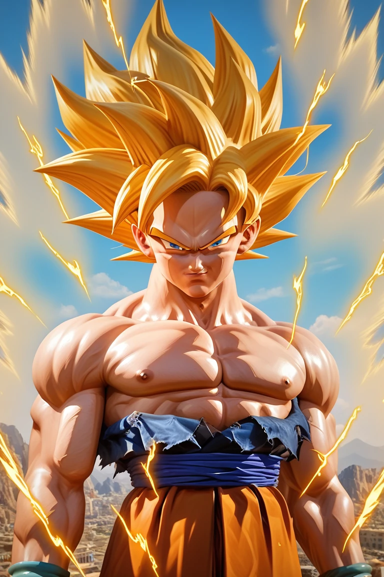 a man, Goku from DBZ, cabello rubio dorado, He's wearing an orange GI, super saiyayin fase 1, blue eyes, an aura of golden light surrounds him,  Detailed eyes , ( masterpiece ), (la mejor calidad), 3D, Realistic, 