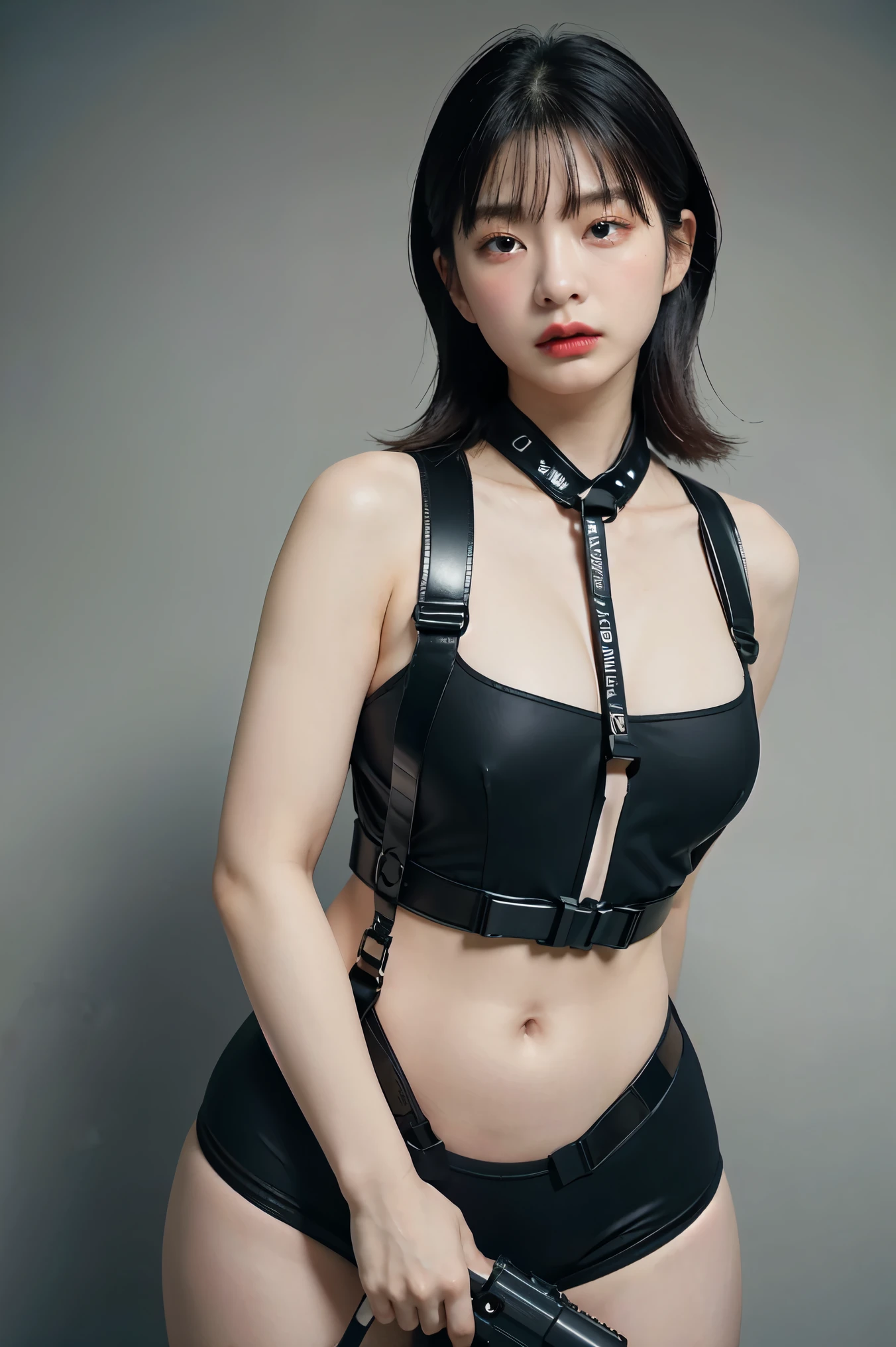 (Highest image quality, outstanding details, ultra-high resolution), (realism: 1.4), favor details, highly condensed 1 beautiful Korean girl, with a delicate and beautiful face, ((cowboy shot)), (a bit chubby:0.4), (wearing black racing suit likes police uniform, black and pink mecha, wearing military harness, holding a machinegun), background simple grey concrete,