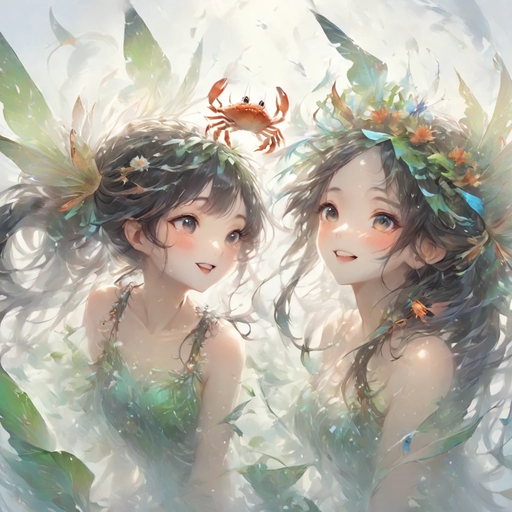 (masterpiece, best quality, hyper detailed:1.4), spirit of the wind, in the fog,
splash, crab, fish,
1 girl, cute, short, slender, pale skin, long black hair, ponytail, big droopy eyes, black eyes,
happy, smiling, looking at away,