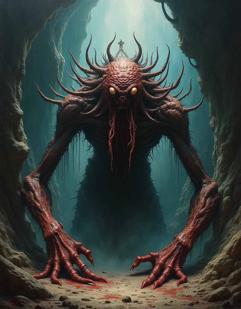 Action shot of terrifying beast eldritch with wet black skin chasing after the viewer in a decrepit underground tunnel in Hell - in the style of Joshua Hoffine and artgerm, creepy, unnerving, unsettling, terrifying, 80mm, horror lighting, dynamic action,