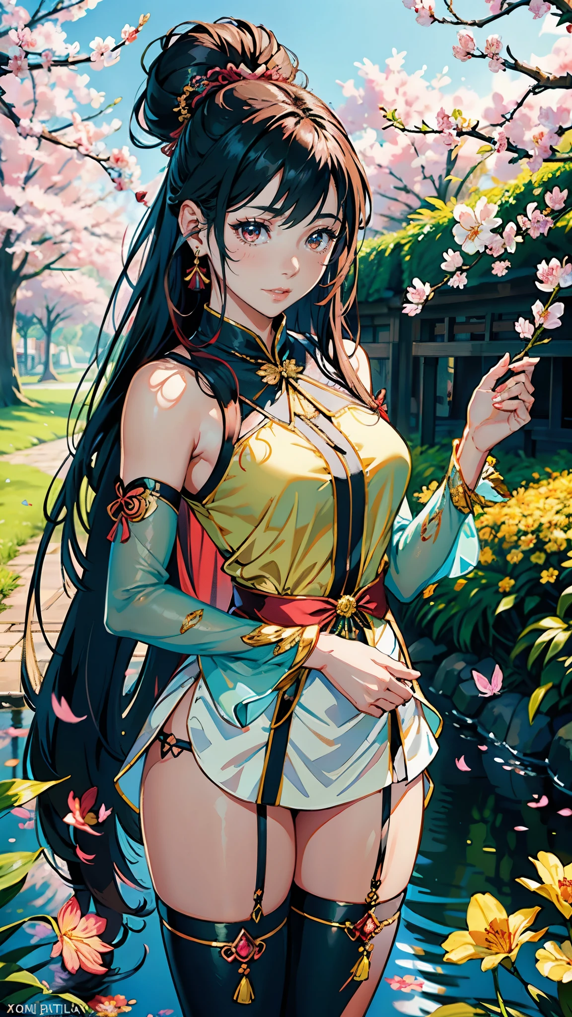 (highest quality, masterpiece, High resolution)、(anime art)、bright light、brown eyes、(thick hair)、long hair、hair ornaments、Cute face details、enchanting smile、small breasts、whole body、((sakura tropical))  (best quality,4k,8k,highres,masterpiece:1.2),ultra-detailed,(realistic,photorealistic,photo-realistic:1.37),acrylic painting,beautiful Indonesian model wearing a vibrant Chinese traditional silk dress, beautiful Indonesian model in a silk Chinese traditional outfit with downy hair,beautiful Indonesian model's silk Chinese silk dress adorned with cute bows and chains, beautiful Indonesian model with extremely colorful hair and detailed facial features,beautiful Indonesian model standing in a beautiful garden,  beautiful Indonesian model with intricate accessories,beautiful Indonesian model posing gracefully,beautiful Indonesian model with long flowing long hair,beautiful bright brown eyes and rosy lips,beautiful Indonesian model with a joyful expression,beautiful Indonesian model in a dynamic pose with sakura blossoms falling around her,beautiful Indonesian model surrounded by colorful flowers and butterflies, tights,beautiful Indonesian model with an enchanting smile,beautiful Indonesian model with soft, pastel-colored shading, beautiful Indonesian model with a fairytale-like background,sailor moon hair, flower in hair, hair ornaments, long sleeve, two hair buns, Double Bun, 