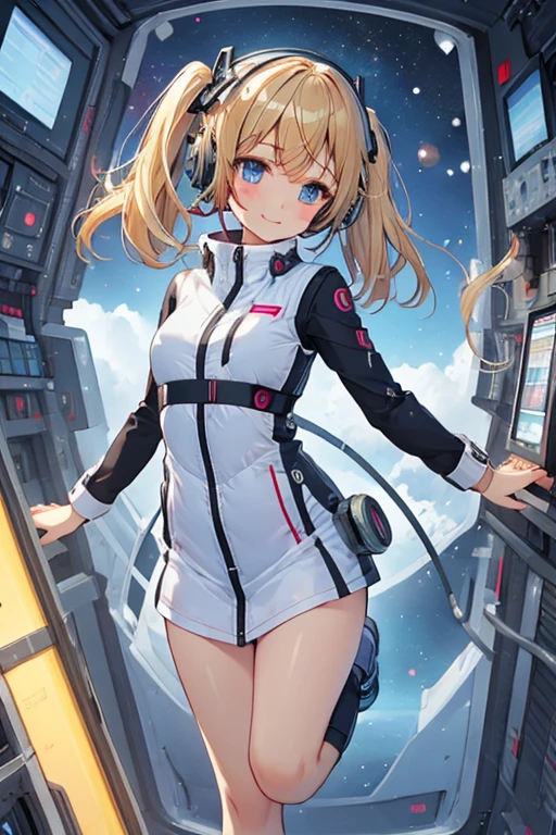 masterpiece, Best Quality, very detailed, 8K Portrait, Japanese Android Girl, plump, control panel, Robotic arms and legs, short bang, BREAK (Metallic Gray, Metallic luster, Milonish, Astro Best):5, headphones:5, BREAK (black sleeve):100, Smart Watches, futuristic space station, Control Room, floating in zero gravity, dynamic pose, BREAK headphones, blue eyes, (blonde hair):2, (twin tails):1.3, Watch Viewers, (Artificial respirator), BREAK blush:3, hands hidden behind back, gentle smile, floating hair, space ambient lighting, weightless motion