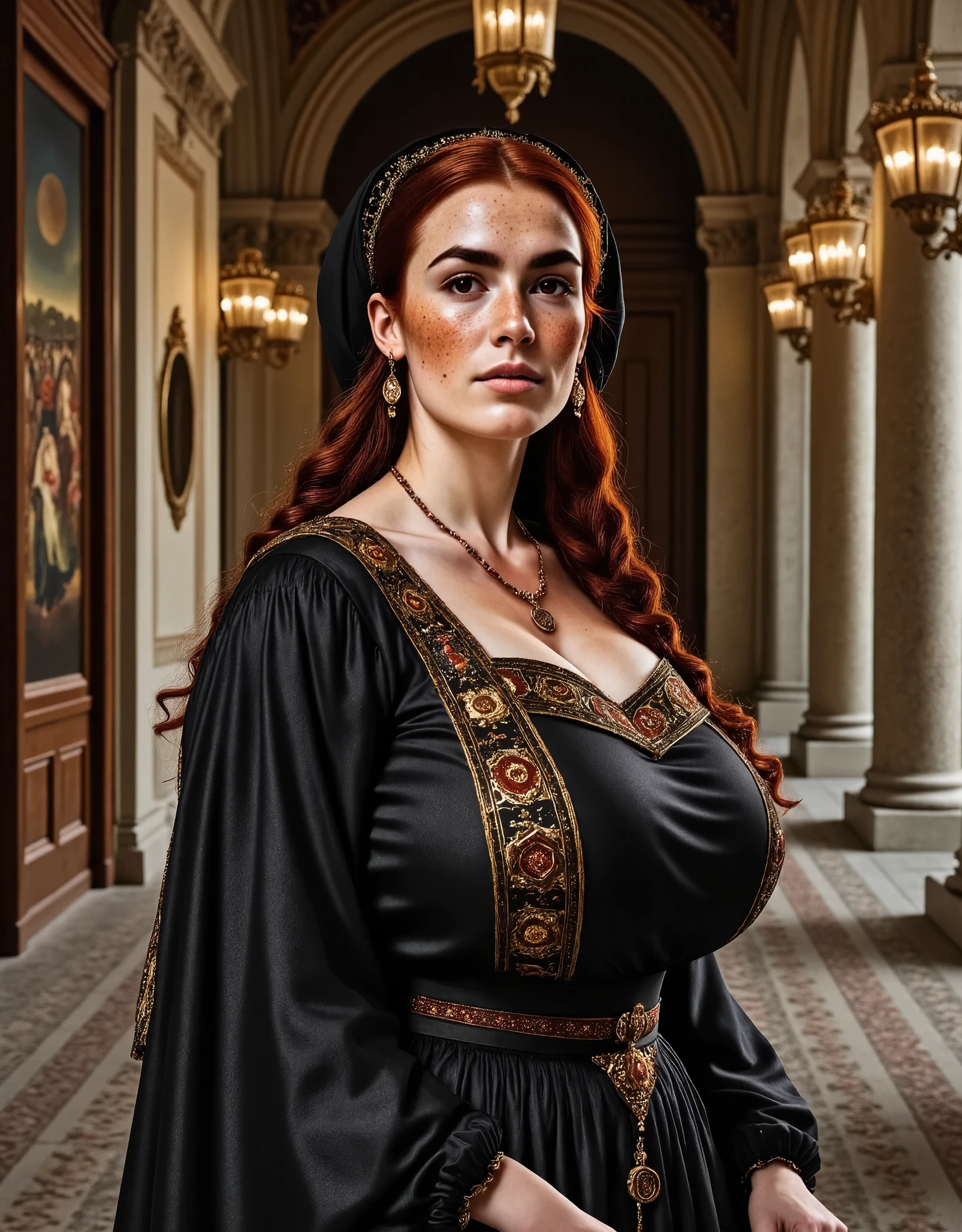 Photorealistic, cinematic style, close -up picture of a beautiful British woman dressed like a Byzantine noblewoman in the early middle age. She's in a decorated hallway, frescoes , mosaic floor, tapestries. Hanging oil lamps. She's wearing a richly decorated black brocade silk gown, flowy and loose fit, black head scarf. She's got brown eyes, downturned eye shape, light skin and freckles, long reddish-brown hair, braided hairstyle. Opulent jewellery. Black, gold and grey stone. perfect hand,HDR, intricate details ,