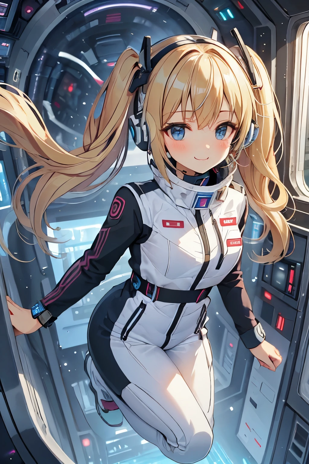 masterpiece, Best Quality, very detailed, 8K Portrait, Japanese Android Girl, plump, floating in zero gravity, dynamic floating pose with hands elegantly crossed behind back, space hotel bedroom, control panel, Robotic arms and legs, short bang, BREAK (Metallic Gray, Metallic luster, Milonish, Astro Best):5, headphones:5, BREAK (black sleeve):100, Smart Watches, futuristic space station interior, modern space hotel room, zero gravity jump motion, hair floating weightlessly, BREAK (blonde hair):2, (twin tails):1.5, blue eyes, Watch Viewers, (Artificial respirator), BREAK blush:3, playful floating pose, gentle smile, hair ribbons flowing in zero gravity, suspended in air, weightless gesture