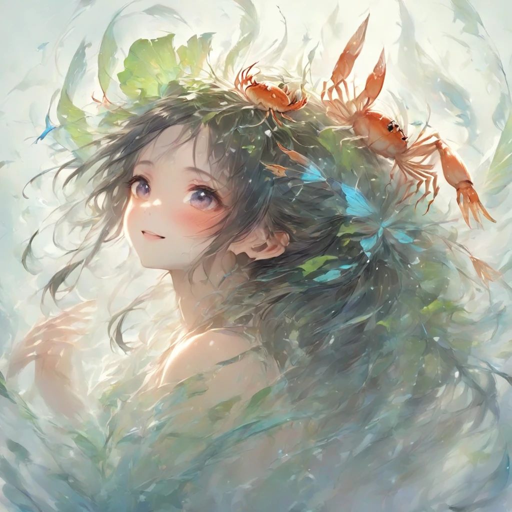 (masterpiece, best quality, hyper detailed:1.4), spirit of the wind, in the fog,
gradient blue background, crab, fish,
1 girl, cute, short, slender, pale skin, long black hair, ponytail, big droopy eyes, black eyes,
happy, smiling, looking at away,