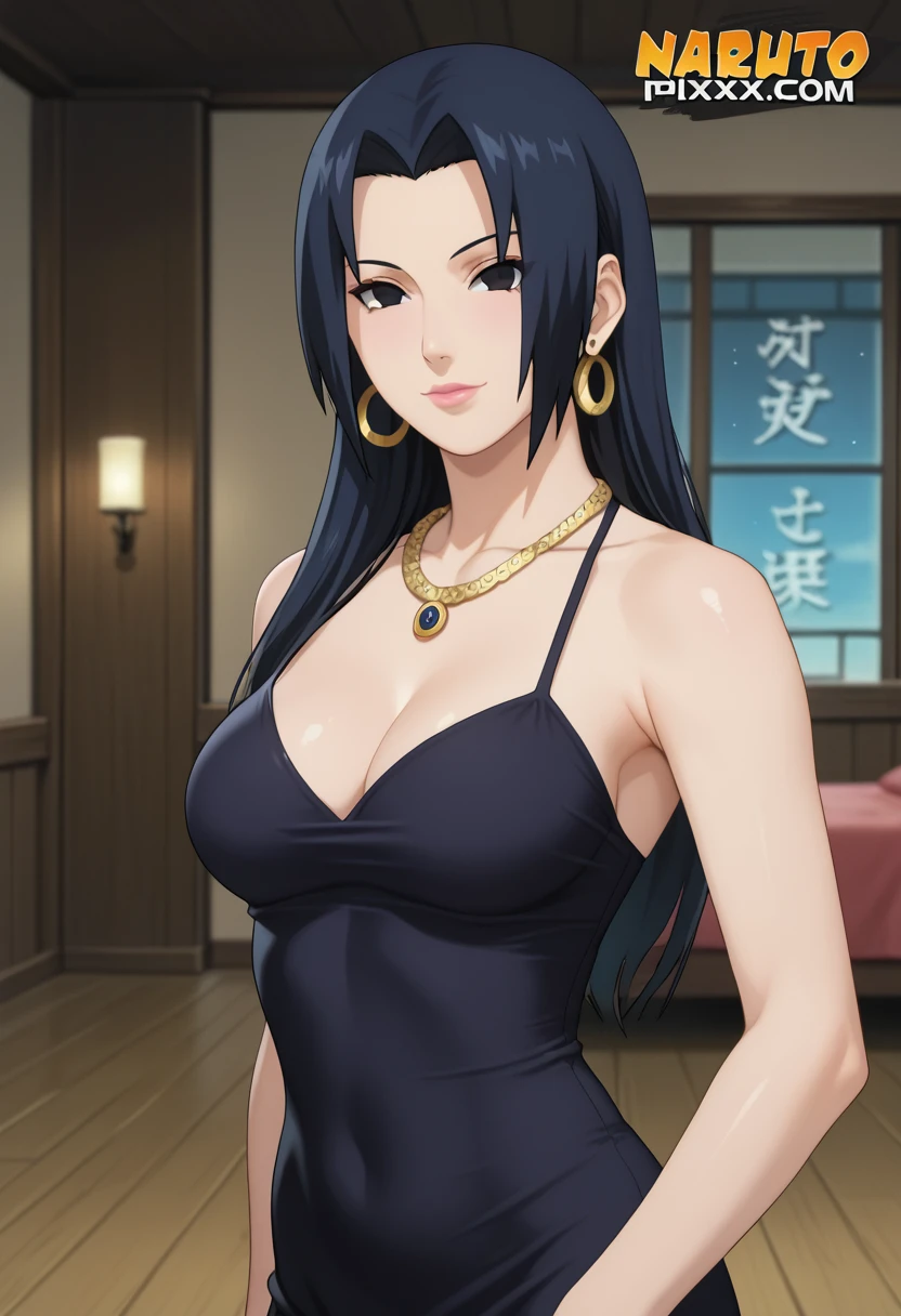 score_9,score_8_up,score_7_up,score_6_up,score_5_up,score_4_up BREAK skinny, medium breasts, shiny skin,bokeh,bloom, indoors,light particles, bedroom, 1girl, ((clear eyes)), Mikoto Uchiha, (((black long hair))), black eyes, medium lips, pink lips, red nails, mature female, ((perfect model body)), ((black minidress, rhinestones dress, glittering, golden earrings, golden necklace)), wide hips, lewd look, model pose, posing, 