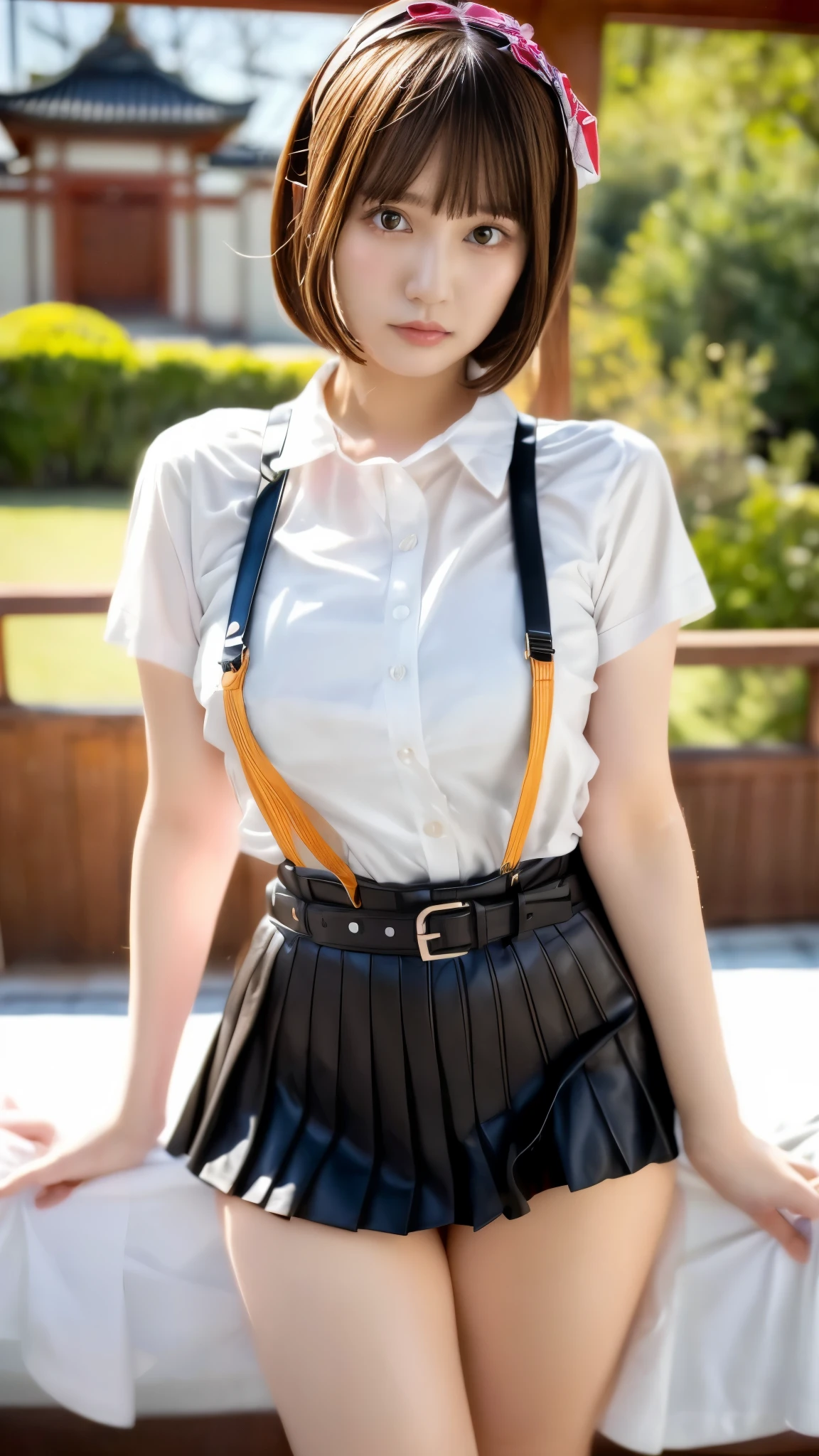 Must-have items, Best Quality, Illustration, Super detailed,  Sex,  high definition, 8k,wallpaper,  perfect dynamic composition,(Detailed high quality, Realistic eye depiction:1.3), ( fashionable, belt、 black suspenders ,  side cutter shirt,  pleated skirt, ガーターbelt), Bitch,  short bob hair,  big breasts at the temple, Black hair color,  Big Natural Colored Lips, (  Perfect Body Shape ), Crying a little、Cold Stare, Harajuku Style、 20 year old girl 、Cute type、、Beautiful legs,  hotel room,  Gravure Idol,  Full Thighs 