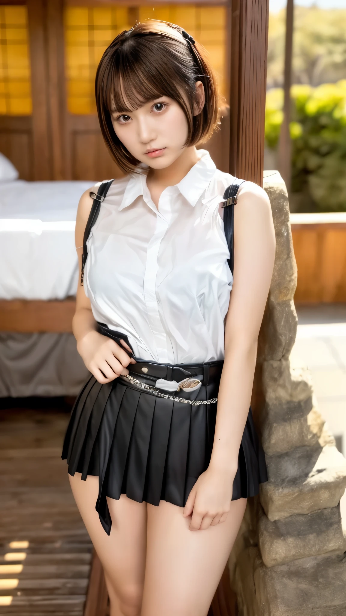 Must-have items, Best Quality, Illustration, Super detailed,  Sex,  high definition, 8k,wallpaper,  perfect dynamic composition,(Detailed high quality, Realistic eye depiction:1.3), ( fashionable, belt、 black suspenders ,  side cutter shirt,  pleated skirt, ガーターbelt), Bitch,  short bob hair,  big breasts at the temple, Black hair color,  Big Natural Colored Lips, (  Perfect Body Shape ), Crying a little、Cold Stare, Harajuku Style、 20 year old girl 、Cute type、、Beautiful legs,  hotel room,  Gravure Idol,  Full Thighs 