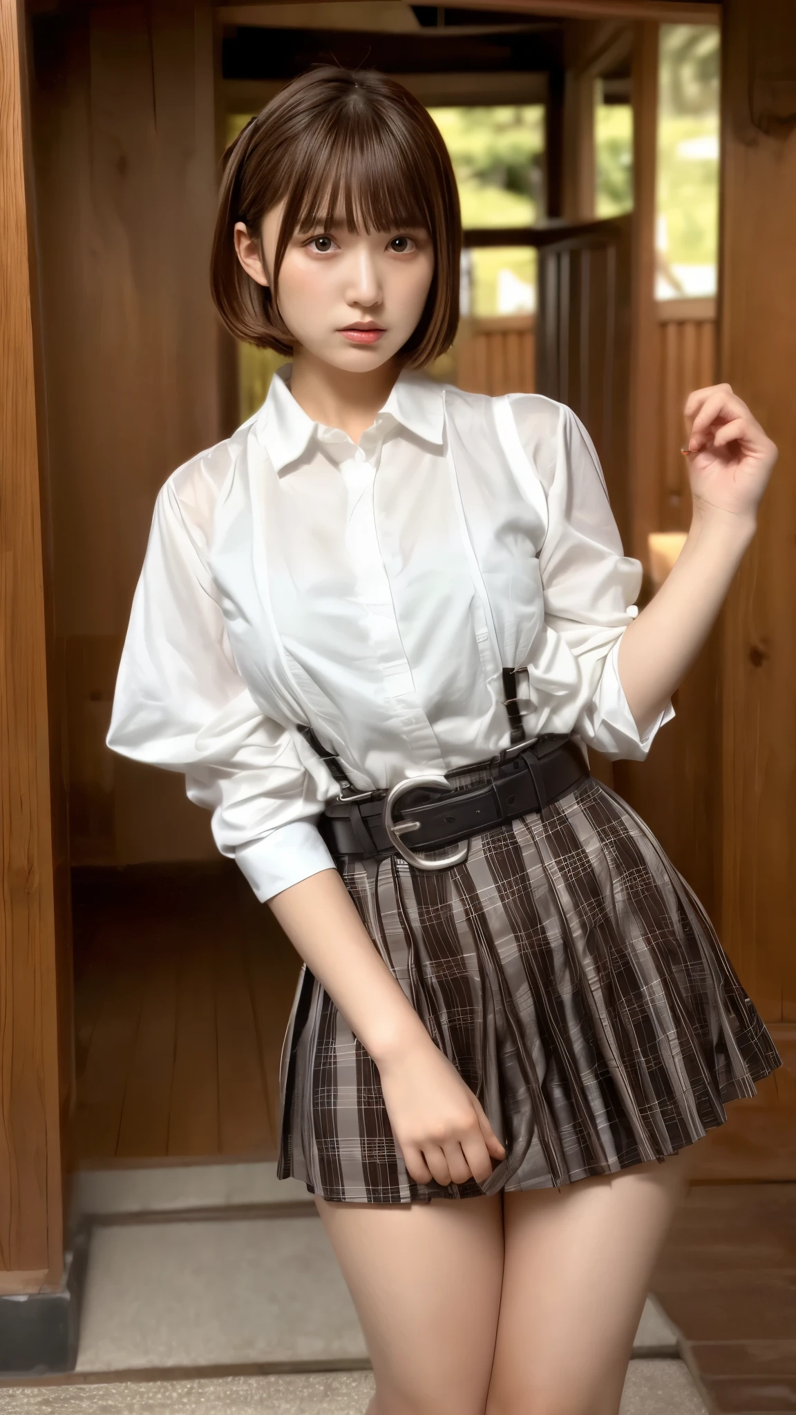 Must-have items, Best Quality, Illustration, Super detailed,  Sex,  high definition, 8k,wallpaper,  perfect dynamic composition,(Detailed high quality, Realistic eye depiction:1.3), ( fashionable, belt、 black suspenders ,  side cutter shirt,  pleated skirt, ガーターbelt), Bitch,  short bob hair,  big breasts at the temple, Black hair color,  Big Natural Colored Lips, (  Perfect Body Shape ), Crying a little、Cold Stare, Harajuku Style、 20 year old girl 、Cute type、、Beautiful legs,  hotel room,  Gravure Idol,  Full Thighs 