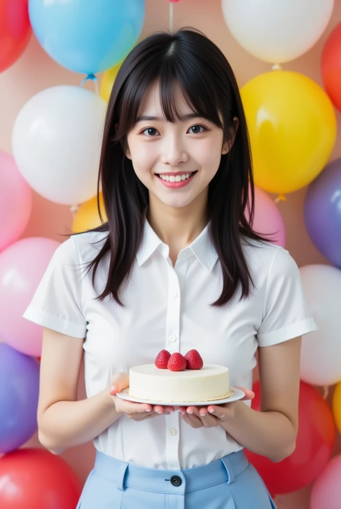 woman, Alone,  young girl,  ,  high school girl,  Happy Expression ,  ,  upper body, (Slightly longer bob hair,  Black Hair , bangs,  Brown Eyes :1.3), Beautiful breasts,  white shirt ,  light blue miniskirt,  holding a cake ,  background with lots of balloons , 