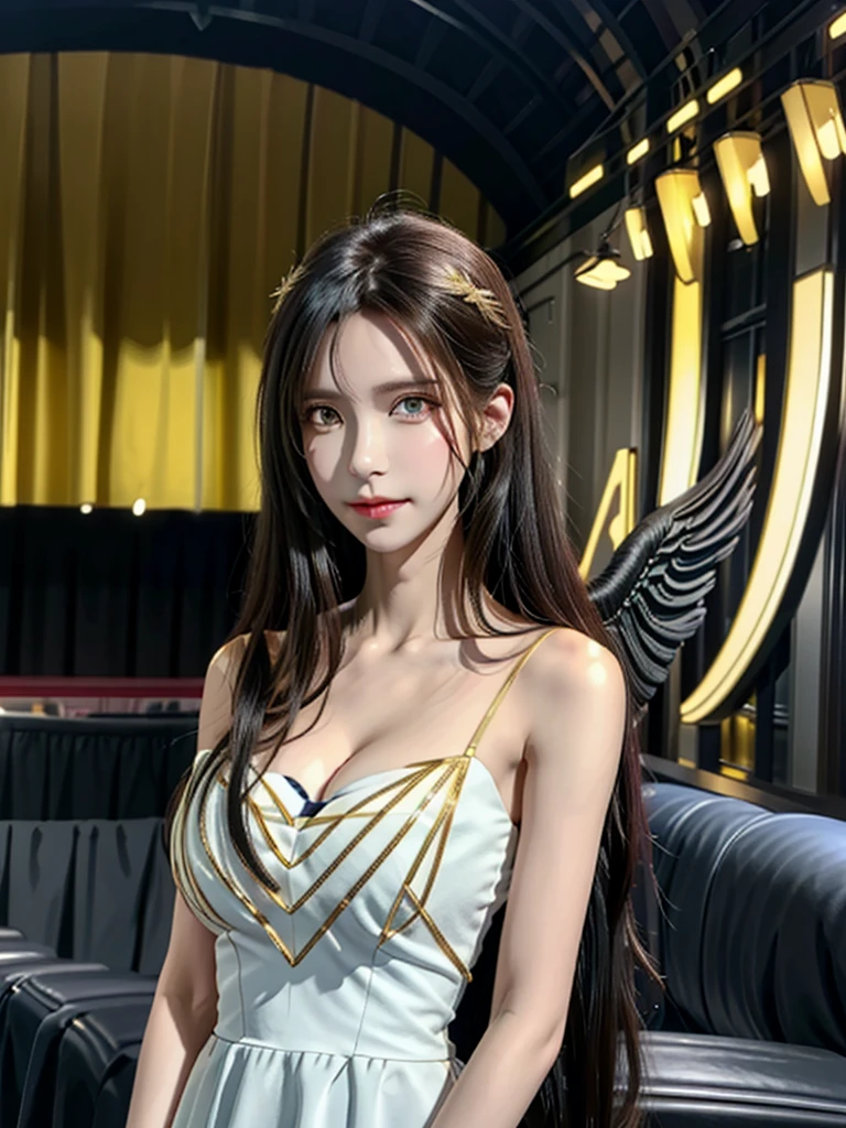 masterpiece, Best Quality, Super detailed, Illustration,  Epic Lighting,  Cinematic Composition, Equal length method,(六horn形:1.2),  1 girl, horn, Alone, Yellow Eyes,  Black Hair , Long Hair, (Low Wing:1.2),  big cleavage, Bare Shoulder,   hair between eyes,  medium chest , ( white dress :1.1), Gold decoration,  detached color,  Watch Viewers , Half-closed eyes, ( Watch Viewers :1.1), Open your lips, , Black Feathers Fall , Arena,  Particle Effects , (8k:1.1)