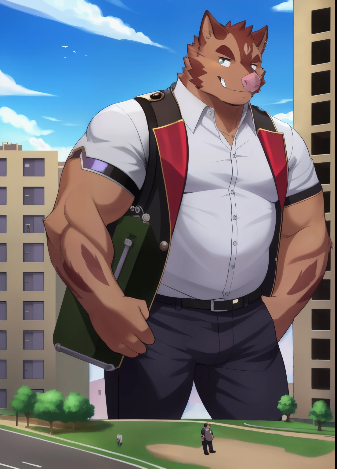 Herman kc  , Alone, Male, (  soft shading ), 4K, Nothing, Face, (full body:1.3),  looks at the viewer , smile, Shirt,  upper part of the body , Masculine focus, collared Shirt, Hose, carrier, Blume, detailed Face,  detailed eyes , colmillos , (massiv:6.0, ( heavyweight,stark,Macro, emphasize the huge size,)), background (( the collapsing building, raise small spoke , the crack in the road))