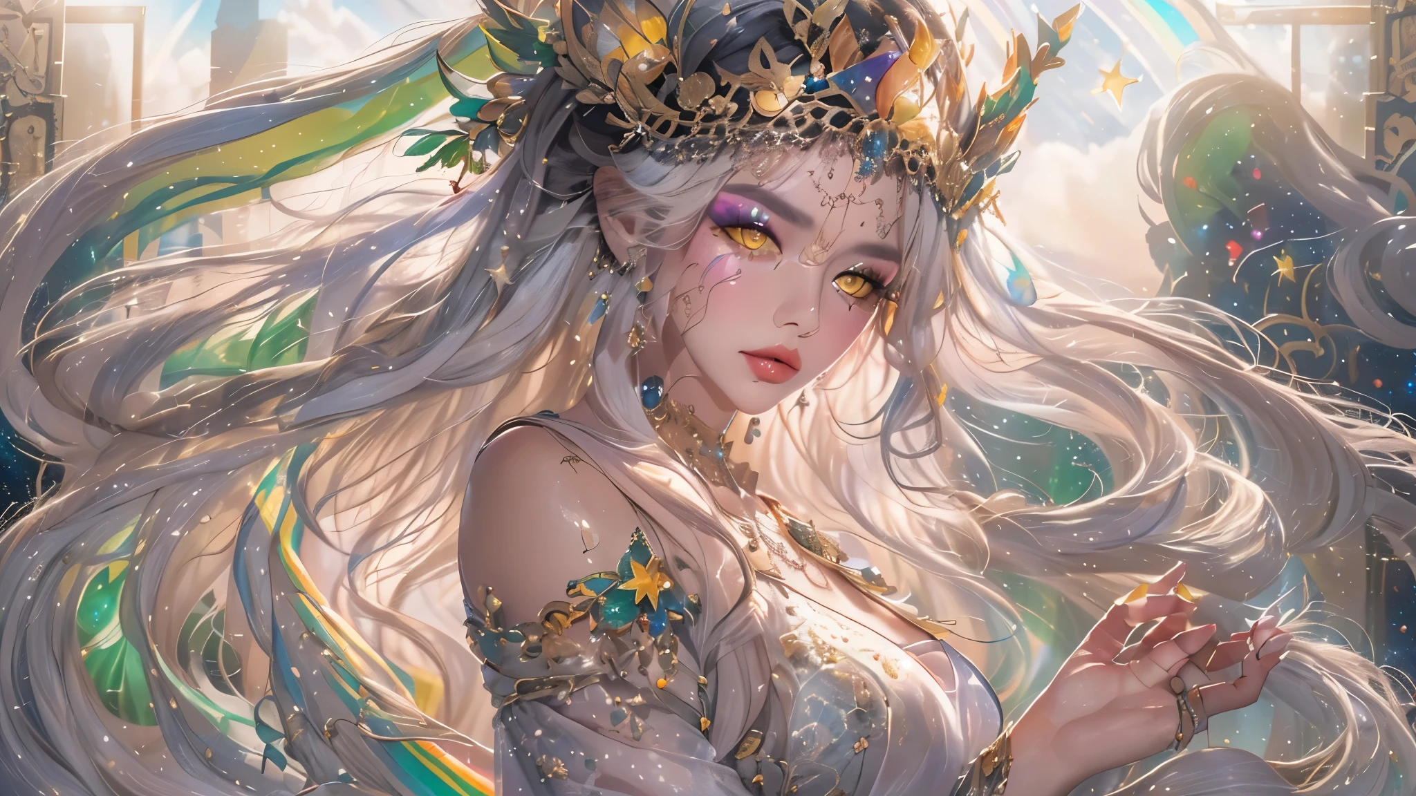Extremely normal body，tmasterpiece，Highest image quality，Beautiful bust of noble fox dancer，Exquisite long hair champagne hairstyle，clear green eyes，(fox ear，furry tail)，(veils)，barefoot manicure，Ultra-detailed details，advanced。At the Pixiv Art Station，Break your own power，Luigi，Big breasts exposing cleavage，R-18G