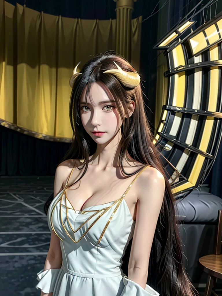 masterpiece, Best Quality, Super detailed, Illustration,  Epic Lighting,  Cinematic Composition, Equal length method,(六horn形:1.2),  1 girl, horn, Alone, Yellow Eyes,  Black Hair , Long Hair, (Low Wing:1.2),  big cleavage, Bare Shoulder,   Hair Between Your Eyes,  medium chest , ( white dress :1.1), Gold decoration,  detached color,  Watch Viewers , Half-closed eyes, ( Watch Viewers :1.1), Open your lips, , Black Feathers Fall , Arena,  Particle Effects , (8k:1.1)