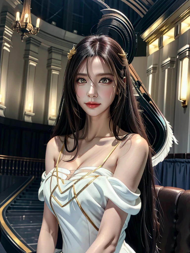 masterpiece, Best Quality, Super detailed, Illustration,  Epic Lighting,  Cinematic Composition, Equal length method,(六horn形:1.2),  1 girl, horn, Alone, Yellow Eyes,  Black Hair , Long Hair, (Low Wing:1.2),  big cleavage, Bare Shoulder,   hair between eyes,  medium chest , ( white dress :1.1), Gold decoration,  detached color,  Watch Viewers , Half-closed eyes, ( Watch Viewers :1.1), Open your lips, , Black Feathers Fall , Arena,  Particle Effects , (8k:1.1)