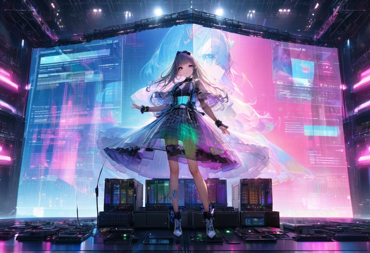 virtual idol, ((transparency through holographic projection transmission processing for aesthetic color expression applying super retina technology, Translucent texture )), captivates all viewers,  computer server in the center :1.5, 夜空に美しい hologram diva  が両手を広げて歌う:1.5, computer server と hologram diva  がシームレスに重なる:1.5,(Double Exposure:2.0), hologram diva \whole body:1.5, Large crowd around\Large crowd:1.3\Fascinating\A beautiful diva sings with open arms above , (UHD:1.3, retina:1.3, masterpiece:1.25, high details:1.4, best quality:1.5), Outdoor concert venue , Future World