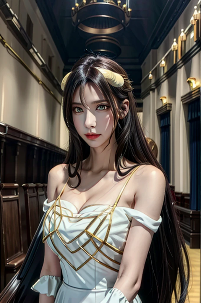 masterpiece, Best Quality, Super detailed, Illustration,  Epic Lighting,  Cinematic Composition, Equal length method,(六horn形:1.2),  1 girl, horn, Alone, Yellow Eyes,  Black Hair , Long Hair, (Low Wing:1.2),  big cleavage, Bare Shoulder,   Hair Between Your Eyes,  medium chest , ( white dress :1.1), Gold decoration,  detached color,  Watch Viewers , Half-closed eyes, ( Watch Viewers :1.1), Open your lips, , Black Feathers Fall , Arena,  Particle Effects , (8k:1.1)