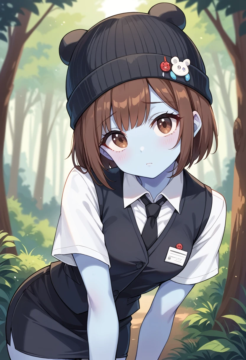 1girl, short brown hair, brown eyes, Blue skin, wearing a White shirt with Black tie, Black Suit Vest over shirt and tie, wearing a Black Pencil Skirt, wearing a black beanie hat, Forest, absurdres, high res, 8K, masterpiece, looking at viewer, shy, cute face