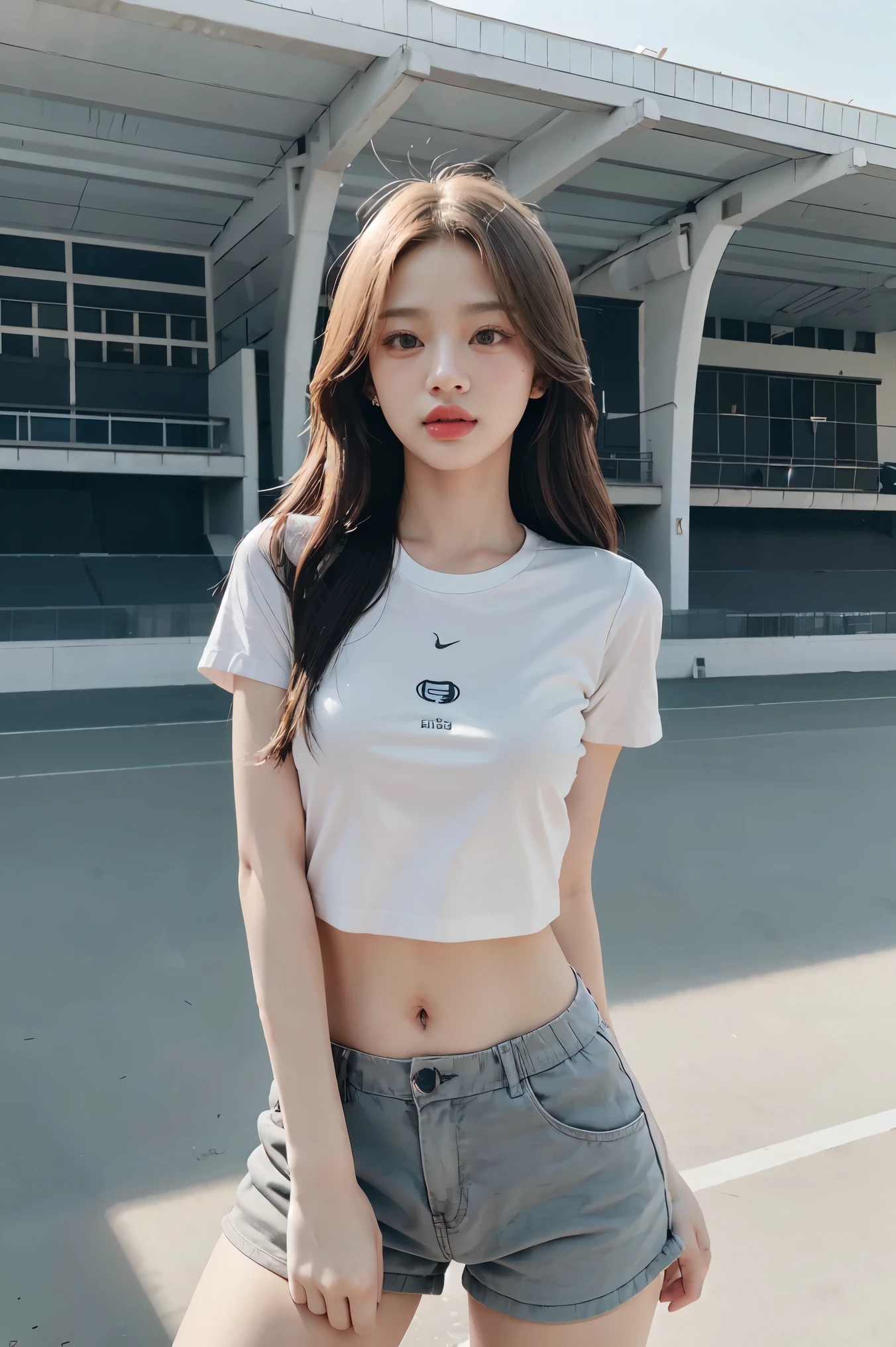 (1girl:1.3), Solo, __body-parts__, Kim Ji-ni Jennie face, wearing trendy brand, football T-shirt, thin body, bare waist, football shorts, world-weary face, cold eyes, Korean style photo photos, photographic lighting, strong contrast, sunlight on the face, world-weary face, high-class sense, cold eyes, feminine, background cement gray, 8k resolution image, intricate symmetrical details. The whole picture goes forward, mainly a woman standing all over her body, with smooth movements and a complete picture.