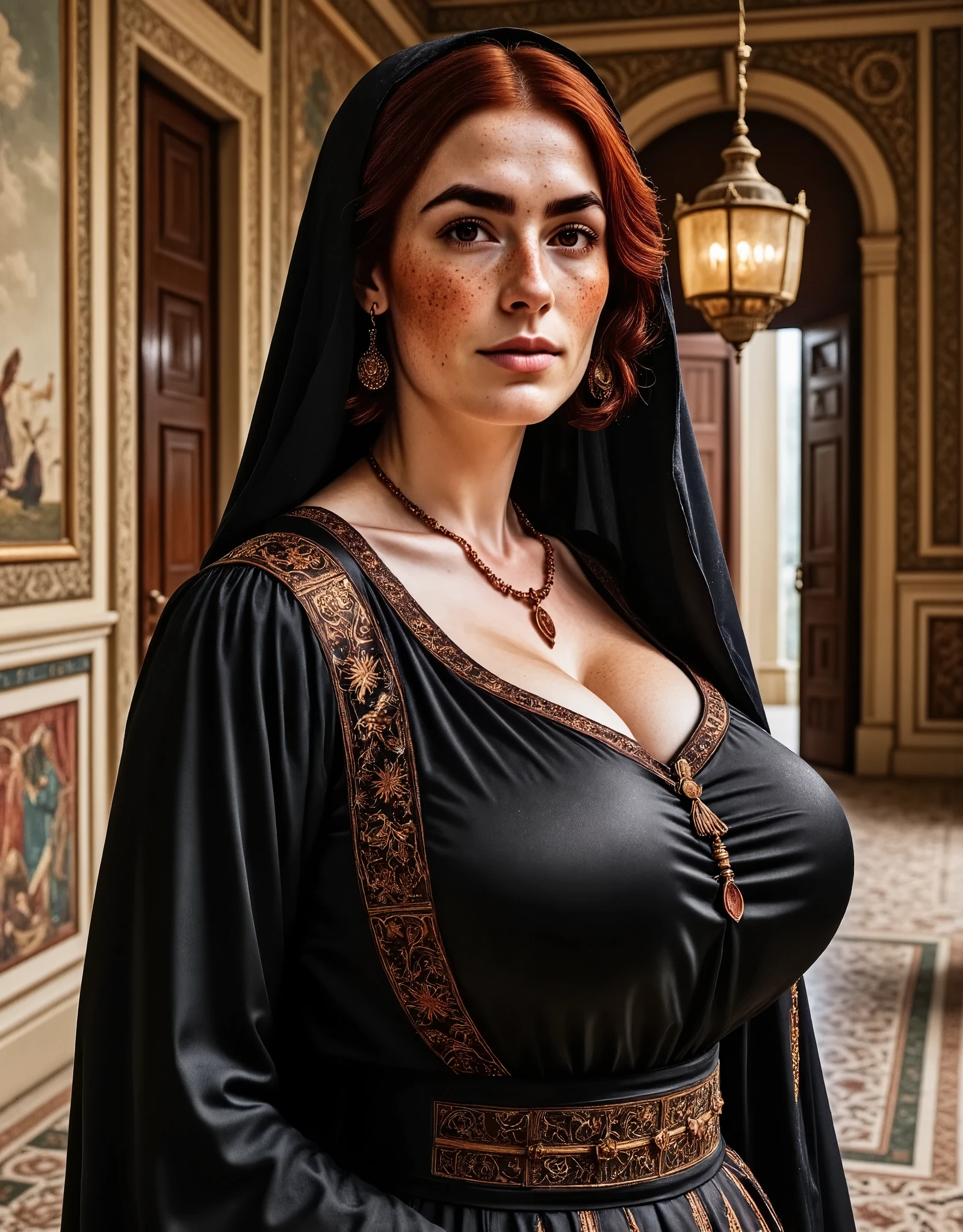 Photorealistic, cinematic style, close -up picture of a beautiful British woman dressed like a Byzantine noblewoman in the early middle age. She's in a decorated hallway, frescoes , mosaic floor, tapestries. Hanging oil lamps. She's wearing a richly decorated black brocade silk gown, flowy and loose fit, Greek-style ornamentation. (black head scarf). She's got brown eyes, downturned eye shape, light skin and freckles, reddish-brown hair. Opulent jewellery. Black, gold and grey stone. perfect hand,HDR, intricate details ,