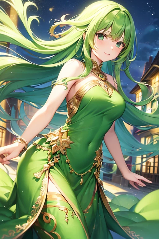 (MASTERPIECE), (Best Quality), (Super Detail), Official Art, One Girl, Lori with Pale Green Hair, Petite Little Girl, Lori, Green and Yellow See-Through Dress, Sleeveless, Off Shoulder, Small, Very Small Breasts, Small, Cleavage, Thigh Focus, Navel Out, The Lower Half of the Chest Is Bare Skin, Card Illustration, Wind