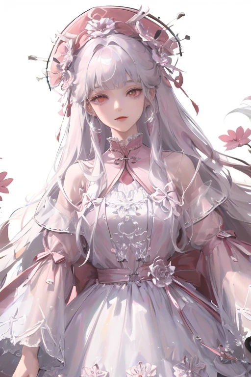 masterpiece, best quality, 1 Girl, Solitary, long_hair, Watching_exist_Viewer, white hair, Red Eyes, Smile, Bangs, skirt, shirt, long_sleeve, hexist, skirt, bow, Keep, close_Mouth, flower, Ruffles, hair_flower, flower瓣, flower束, Keep_flower, center_Ruffles, cap, Keep_flower束, Tai Chi E, whole body, White background,  