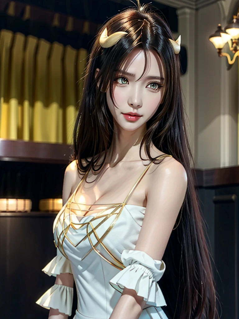 masterpiece, Best Quality, Super detailed, Illustration,  Epic Lighting,  Cinematic Composition, Equal length method,(六horn形:1.2),  1 girl, horn, Alone, Yellow Eyes,  Black Hair , Long Hair, (Low Wing:1.2),  big cleavage, Bare Shoulder,   hair between eyes,  medium chest , ( white dress :1.1), Gold decoration,  detached color,  Watch Viewers , Half-closed eyes, ( Watch Viewers :1.1), Open your lips, , Black Feathers Fall , Arena,  Particle Effects , (8k:1.1)