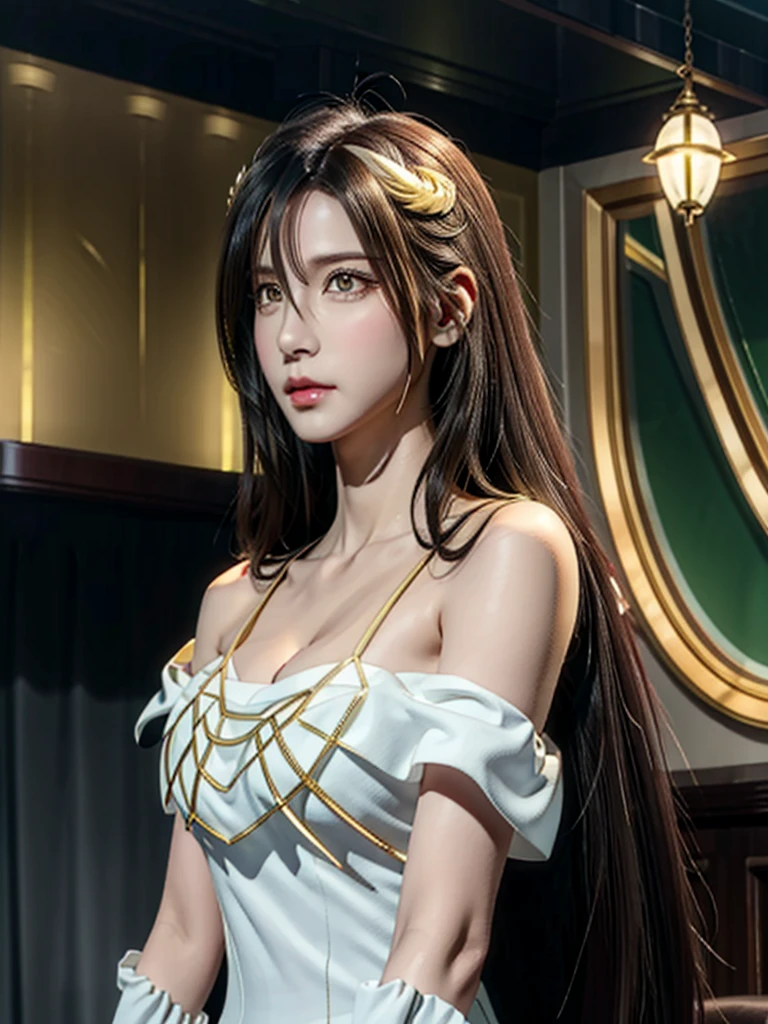 masterpiece, Best Quality, Super detailed, Illustration,  Epic Lighting,  Cinematic Composition, Equal length method,(六horn形:1.2),  1 girl, horn, Alone, Yellow Eyes,  Black Hair , Long Hair, (Low Wing:1.2),  big cleavage, Bare Shoulder,   hair between eyes,  medium chest , ( white dress :1.1), Gold decoration,  detached color,  Watch Viewers , Half-closed eyes, ( Watch Viewers :1.1), Open your lips, , Black Feathers Fall , Arena,  Particle Effects , (8k:1.1)