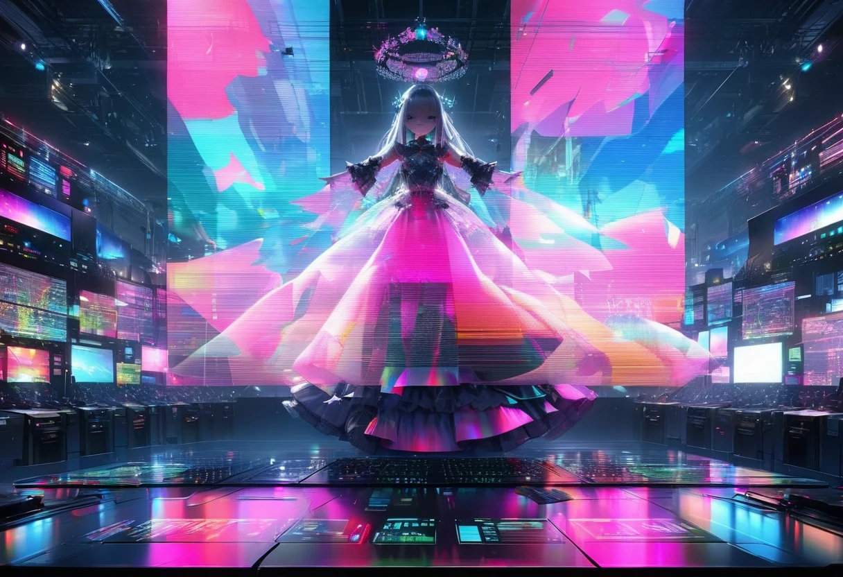 virtual idol, ((transparency through holographic projection transmission processing for aesthetic color expression applying super retina technology, Translucent texture )), captivates all viewers, Computer server :1.5, Hovering over computer servers:1.2, 夜空に美しい hologram diva  が両手を広げて歌う:1.5, computer server と hologram diva  がシームレスに重なる:1.5,(Double Exposure:2.0), hologram diva \whole body:1.5, Large crowd around\Large crowd:1.3\Fascinating\A beautiful diva sings with open arms above , (UHD:1.3, retina:1.3, masterpiece:1.25, high details:1.4, best quality:1.5), Outdoor concert venue , Future World