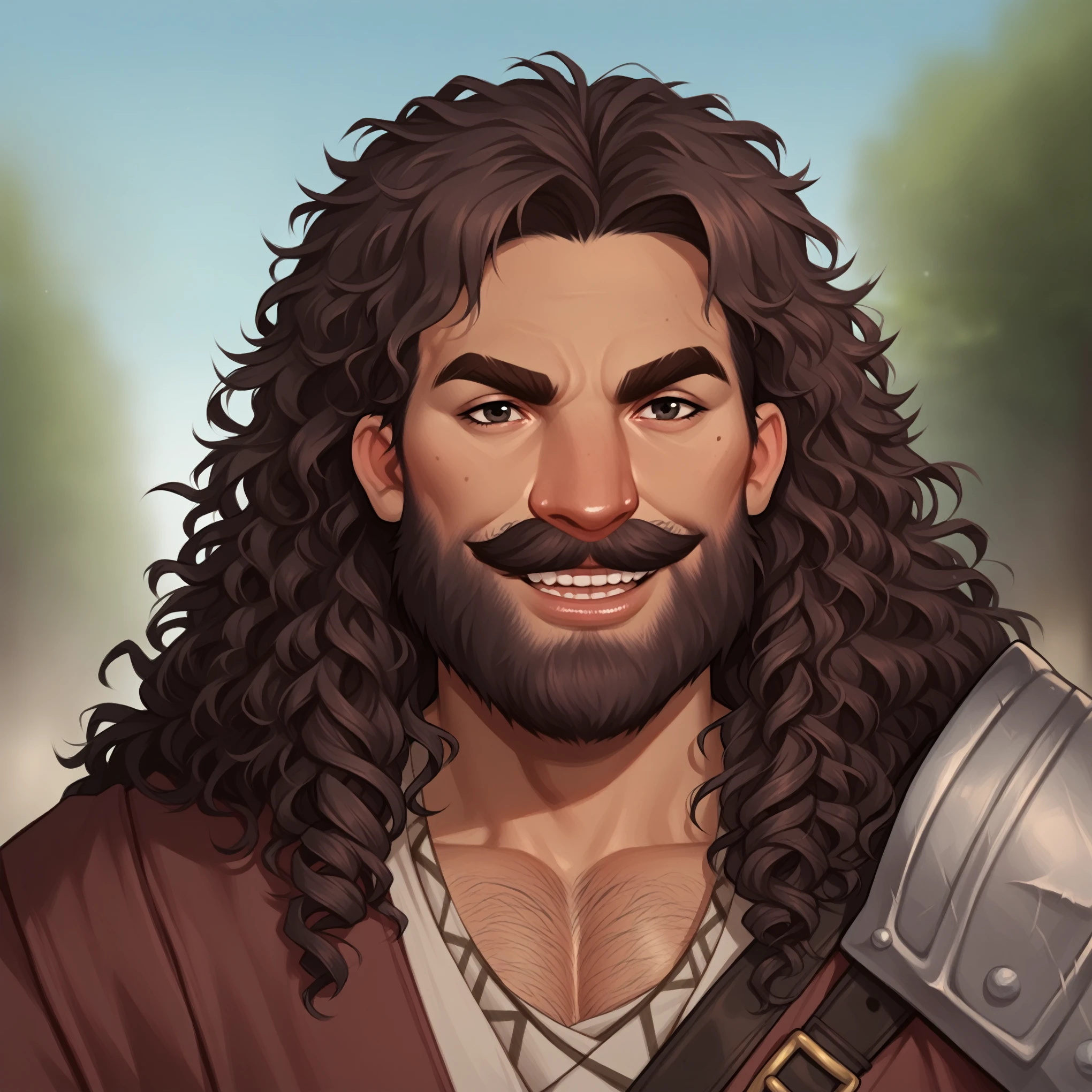 (((beautiful, high quality, detailed face))), score_9, score_8_up, score_7_up, BREAK, giant, a male barbarian:1.3, high stature, big nose, dark curly hair, messy voluminous hair, ((full beard:1.2, mustache)), (((muscular))), ((wide shoulder)), (((mature man:1.1))), tanned skin, ((bushy eyebrows)), small black eyes, hairy body, solo, portrait, upper body, portrait, facing viewer, silly smile, bearing teeth, goofy expression, barbarian clothes, fantasy outside, blurred background, Expressiveh, detailxl