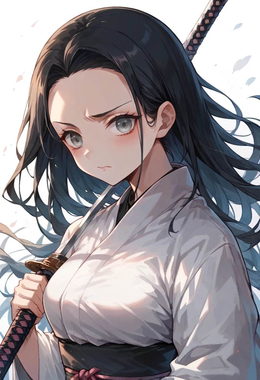 1; anime style demon slayer ,  REN Yuki snow pillar long black hair down to her lower back very well kept even though she doesn't take care of it,  skin too pale perfect and milky ,  pale gray eyes ,  slightly bushy and well-defined eyebrows ,  thick lower lip of a pale reddish color , Haori black gray , y hakama . With ice katana attack position ice powers 