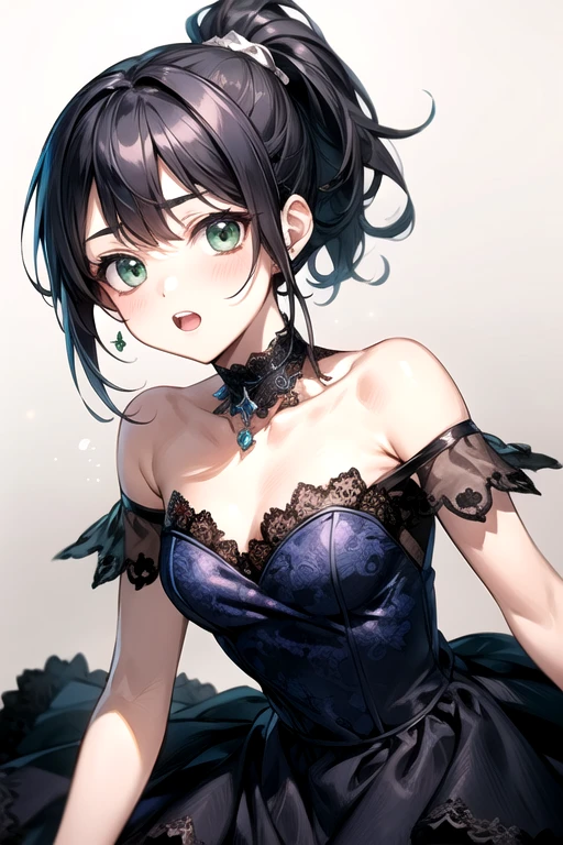 (Best Quality)、(Best Quality)、cute、( choker).Emerald eyes、( ponytail)、( Black Hair )、(cuteドレス).( lace dress).(( little character)).((solo)).