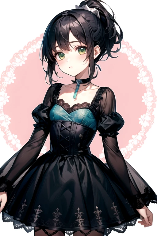 (Best Quality)、(Best Quality)、cute、( choker).Emerald eyes、( ponytail)、( Black Hair )、(cuteドレス).( lace dress).(( little character)).((solo)).