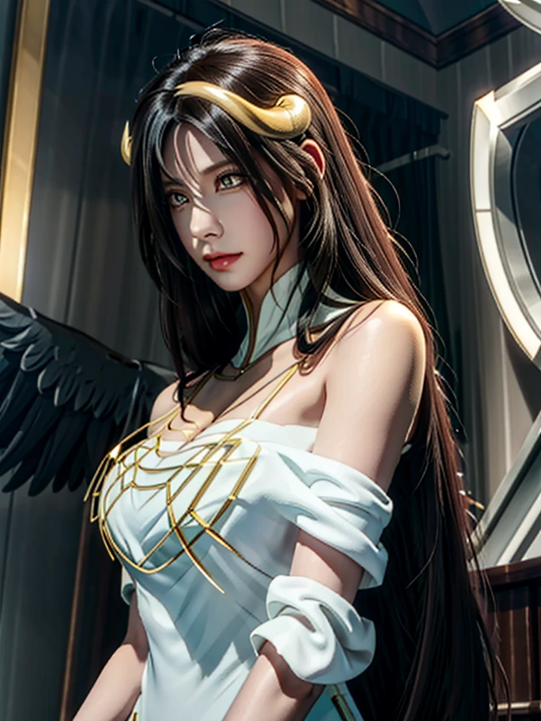 masterpiece, Best Quality, Super detailed, Illustration,  Epic Lighting,  Cinematic Composition, Equal length method,(六horn形:1.2),  1 girl, horn, Alone, Yellow Eyes,  Black Hair , Long Hair, (Low Wing:1.2),  big cleavage, Bare Shoulder,   hair between eyes,  medium chest , ( white dress :1.1), Gold decoration,  detached color,  Watch Viewers , Half-closed eyes, ( Watch Viewers :1.1), Open your lips, , Black Feathers Fall , Arena,  Particle Effects , (8k:1.1)