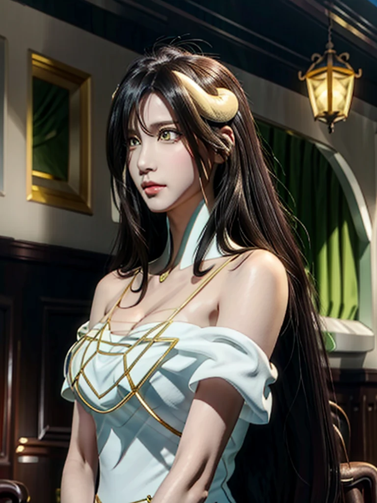 masterpiece, Best Quality, Super detailed, Illustration,  Epic Lighting,  Cinematic Composition, Equal length method,(六horn形:1.2),  1 girl, horn, Alone, Yellow Eyes,  Black Hair , Long Hair, (Low Wing:1.2),  big cleavage, Bare Shoulder,   hair between eyes,  medium chest , ( white dress :1.1), Gold decoration,  detached color,  Watch Viewers , Half-closed eyes, ( Watch Viewers :1.1), Open your lips, , Black Feathers Fall , Arena,  Particle Effects , (8k:1.1)