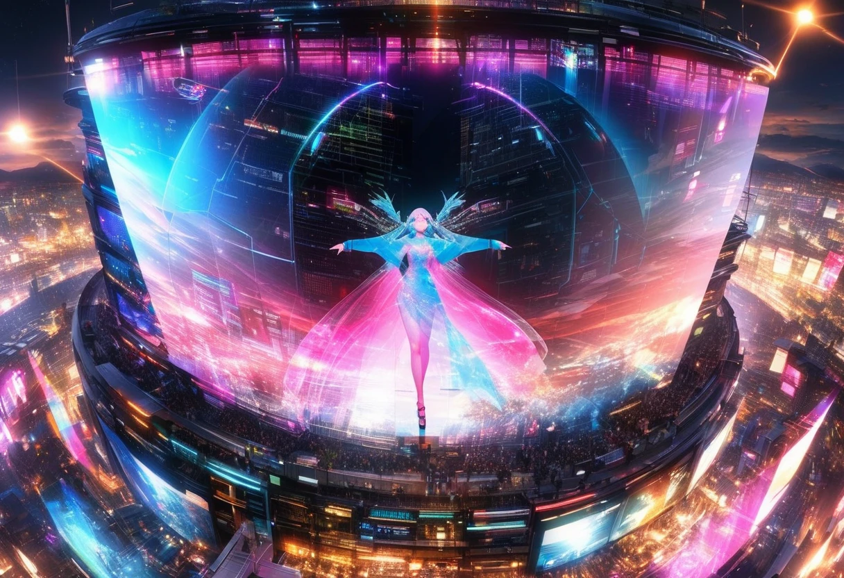 virtual idol, ((transparency through holographic projection transmission processing for aesthetic color expression applying super retina technology, Translucent texture )), captivates all viewers,  computer server in the center :1.5, Hovering over computer servers:1.2, 夜空に美しい hologram diva  が両手を広げて歌う:1.5, computer server と hologram diva  がシームレスに重なる:1.5,(Double Exposure:2.0), hologram diva \whole body:1.5, Large crowd around\Large crowd:1.3\Fascinating\A beautiful diva sings with open arms above , (UHD:1.3, retina:1.3, masterpiece:1.25, high details:1.4, best quality:1.5), Outdoor concert venue , Future World