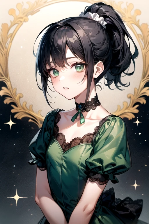 (Best Quality)、(Best Quality)、cute、( choker).Emerald eyes、( ponytail)、( Black Hair )、(cuteドレス).( lace dress).(( little character)).((solo)).