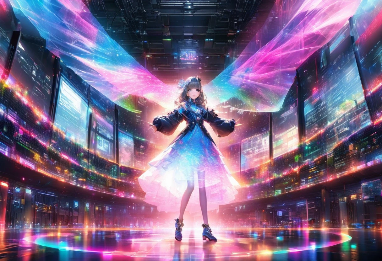 virtual idol, ((transparency through holographic projection transmission processing for aesthetic color expression applying super retina technology, Translucent texture )), captivates all viewers,  computer server in the center :1.5, Hovering over computer servers:1.2, 夜空に美しい hologram diva  が両手を広げて歌う:1.5, computer server と hologram diva  がシームレスに重なる:1.5,(Double Exposure:2.0), hologram diva \whole body:1.5, Large crowd around\Large crowd:1.3\Fascinating\A beautiful diva sings with open arms above , (UHD:1.3, retina:1.3, masterpiece:1.25, high details:1.4, best quality:1.5), Outdoor concert venue , Future World