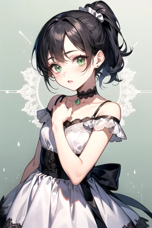 (Best Quality)、(Best Quality)、cute、( choker).Emerald eyes、( ponytail)、( Black Hair )、(cuteドレス).( lace dress).(( little character)).((solo)).