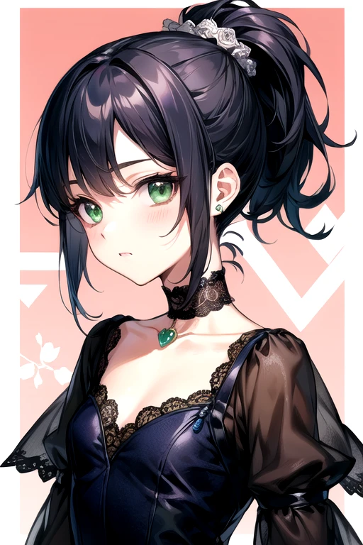 (Best Quality)、(Best Quality)、cute、( choker).Emerald eyes、( ponytail)、( Black Hair )、(cuteドレス).( lace dress).(( little character)).((solo)).