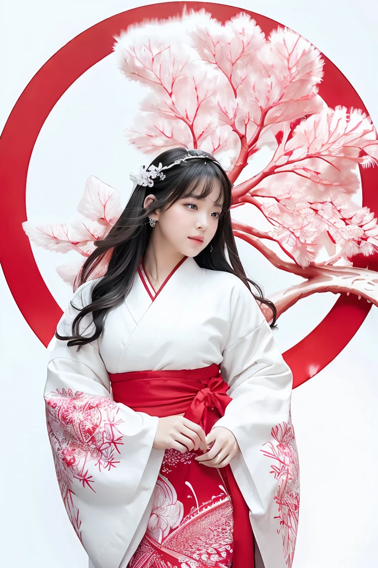 (((white background、White world)))、s、unity 8k wallpaper、super detailed、beautiful beautiful、masterpiece、highest quality、(tangleた、mandala、tangle、tangle)、(fractal art:1.3)、one girl、beautiful black hair、Japanese、Big pink、red kimono、Japanese clothing、very detailed、dynamic angle、cowboy shot、The most beautiful things form chaos、elegant、brutal design、Bright colors、romance、atmosphere、ecstasy notes、Streaming music notes are displayed、(((white background、pure white background、Red circle)))