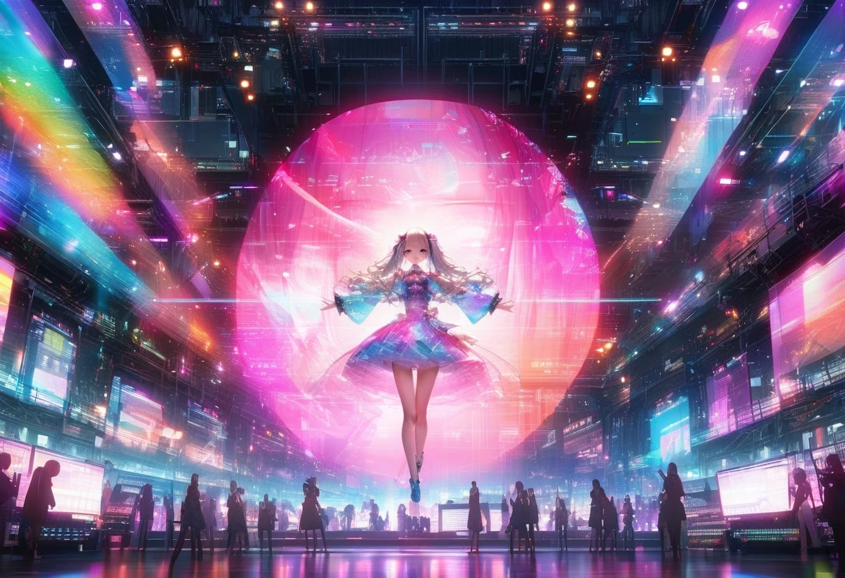 virtual idol, ((transparency through holographic projection transmission processing for aesthetic color expression applying super retina technology, Translucent texture )), captivates all viewers,  computer server in the center :1.5, Hovering over computer servers:1.2, 夜空に美しい hologram diva  が両手を広げて歌う:1.5, computer server と hologram diva  がシームレスに重なる:1.5,(Double Exposure:2.0), hologram diva \whole body:1.5, Large crowd around\Large crowd:1.3\Fascinating\A beautiful diva sings with open arms above , (UHD:1.3, retina:1.3, masterpiece:1.25, high details:1.4, best quality:1.5), Outdoor concert venue , Future World