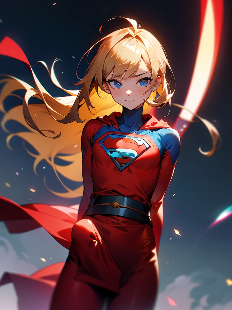 (8k), (masterpiece), (Japanese), (8 boy), ((innocent look)), ((ish)), From the front, smile, cute, Innocent, Kind eyes, Flat chest, erection under clothes, red cape, Supergirl Costume, semi-long, Hair blowing in the wind, Blonde Hair, Strong wind, night, dark, Neon light cyberpunk city