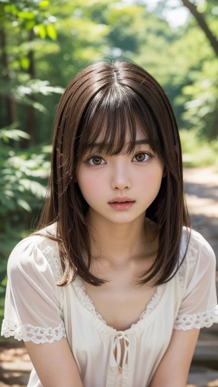 masterpiece, highest quality, 8k, 20th Generation, Large Breasts, cute, alone, sad, cute, Girlish, Delicate girl, Pure beauty,  RAW Photos, Professional photography, Portraiture, Soft Light, Professional Lighting, Backlight, Upper Body, avert your eyes, Sophisticated, Film Grain, (Eyes and facial details:1.0), Short floating hair, Beautiful, flowing hair, bangs, T-shirt and grayish pink cardigan、Big big breasts
